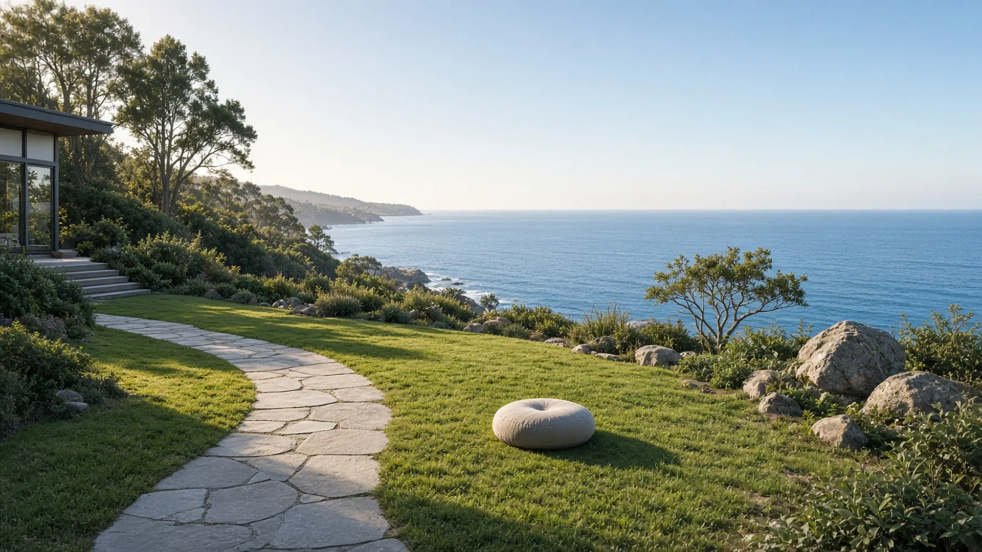 Backyard overlooking the blue ocean for meditation