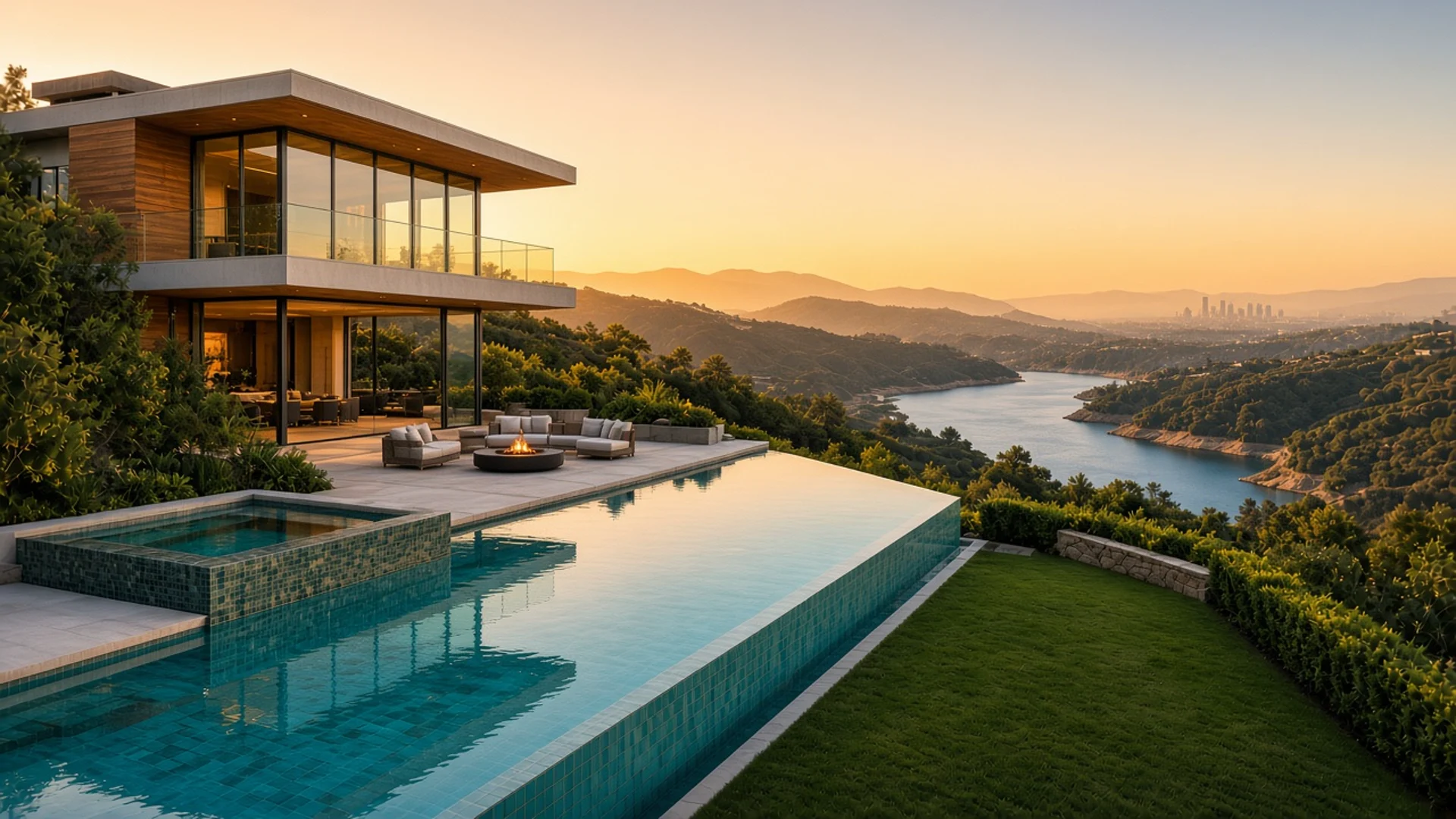 Bel Air home with infinity pool, lake, and mountain view
