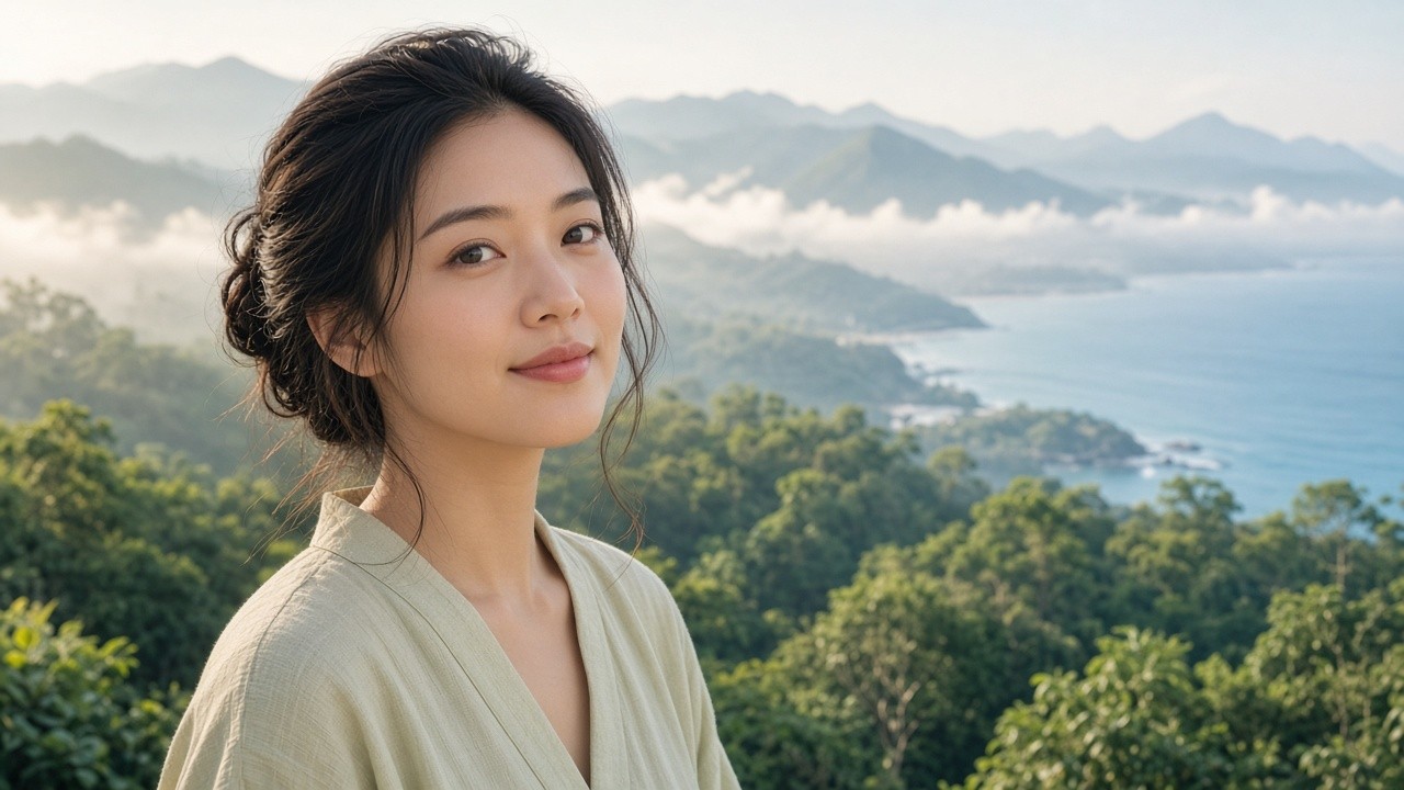 Young woman with coastal mountain nature