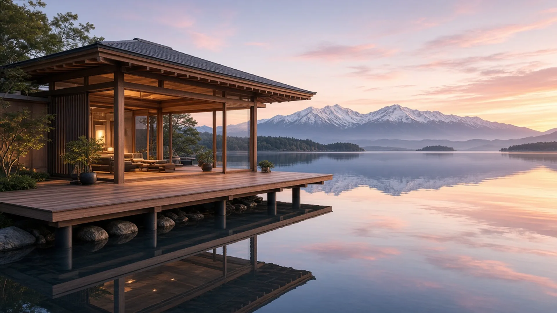 Zen lake pavilion with mountain view