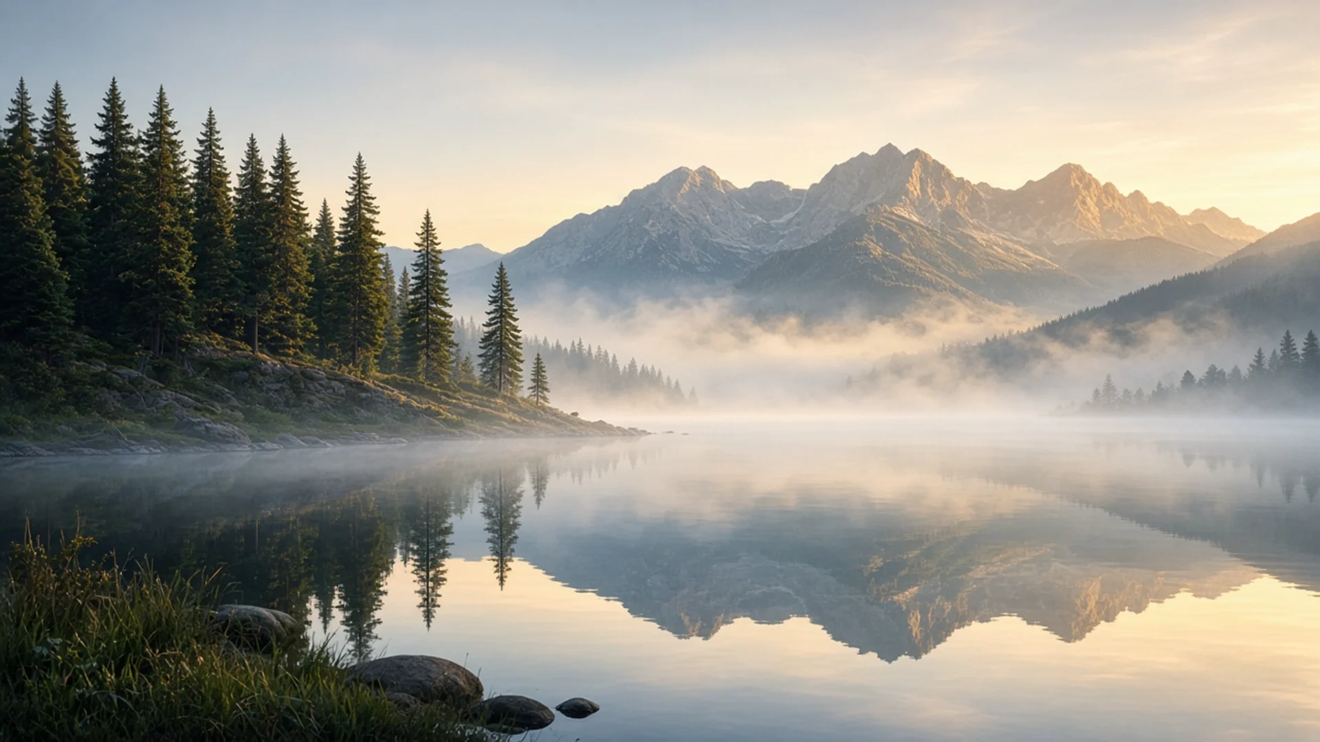 Calm misty mountain lake in zen nature